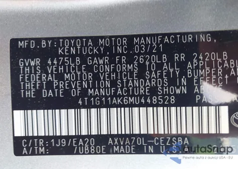 2021 Toyota Camry Se из США, поврежденный, VIN 4T1G11AK6MU448528